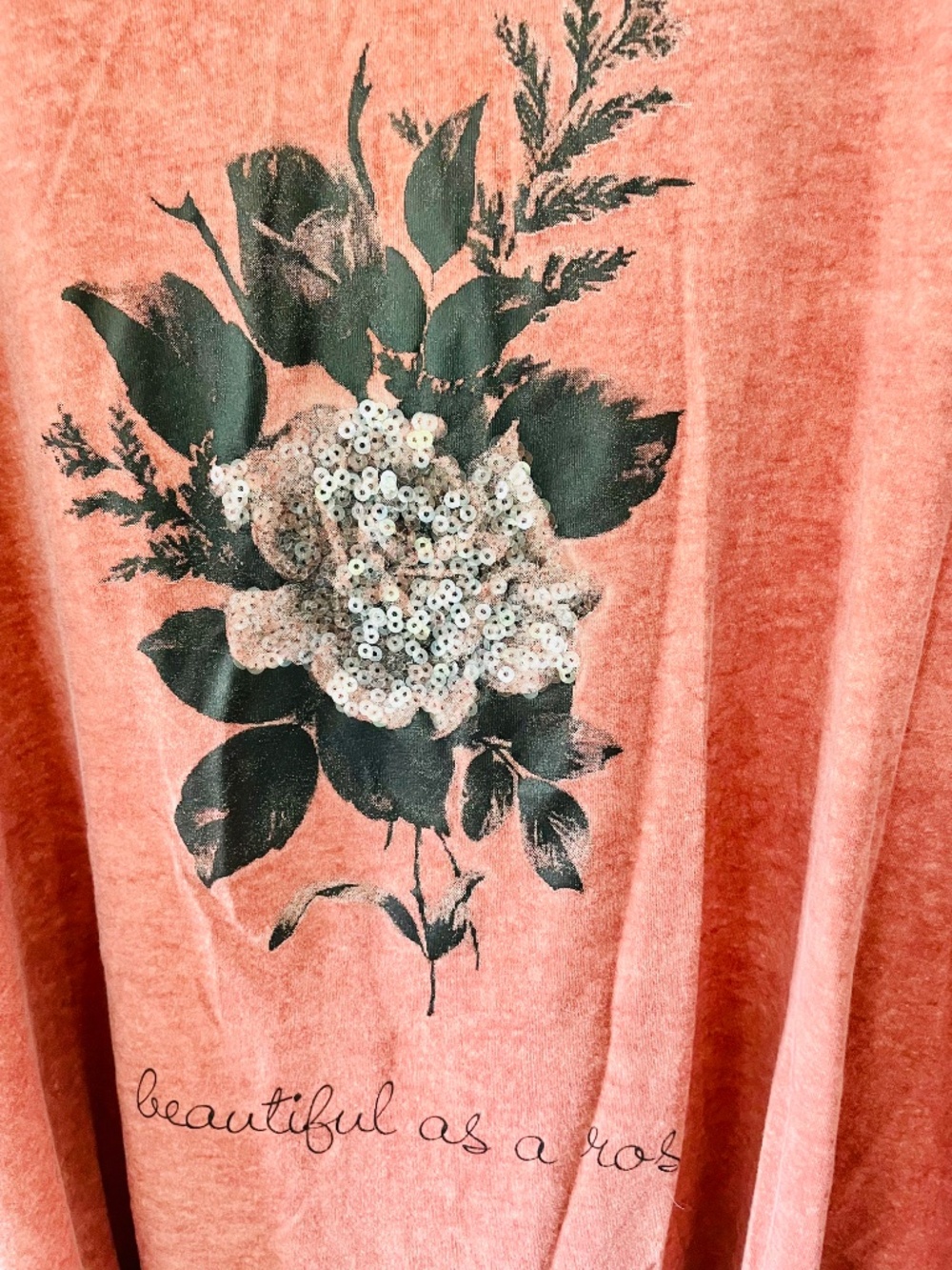 Ulla Popken Rust Pink Floral 3/4 Sleeve Tee Top Plus Size 28/30 Sequin Rose Boho - Picture 5 of 9